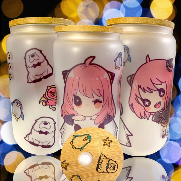 Cute kawaii chibi Anya (s*y family) theme 16oz glass beer can cup - Picture 9 of 10